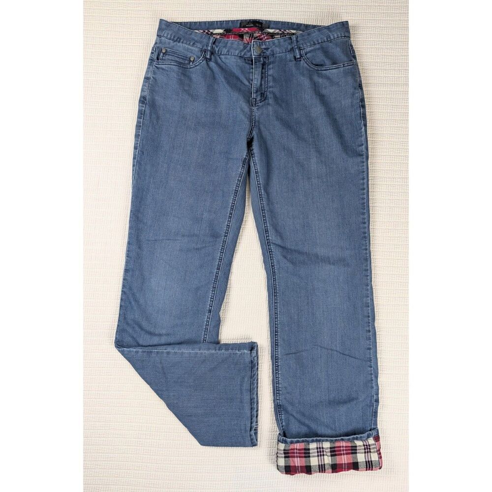 Prana Womens Flannel Lined Jeans 12 Blue Denim Boyfriend Straight Leg Plaid